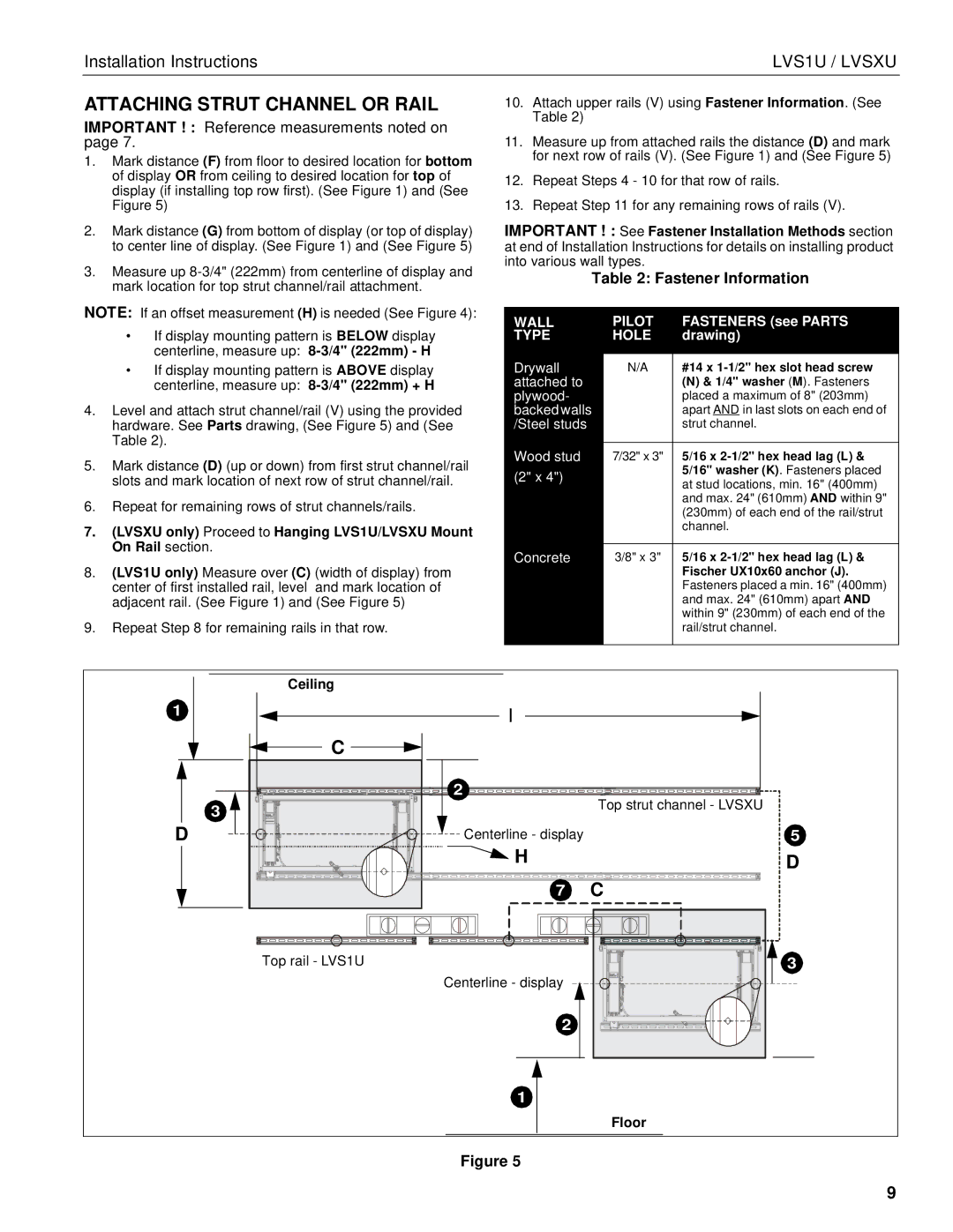 Chief Manufacturing LVS1U / LVSXU manual Attaching Strut Channel or Rail, Important ! Reference measurements noted on 