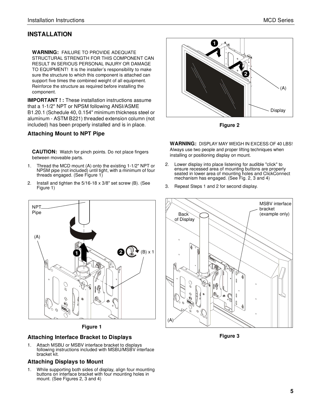 Chief Manufacturing mcd Installation, Attaching Mount to NPT Pipe, Attaching Interface Bracket to Displays 