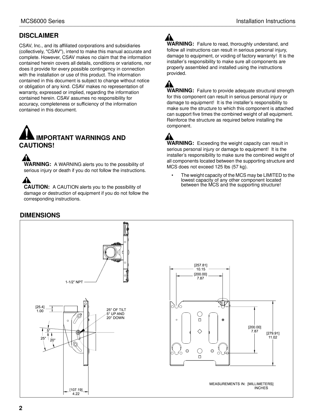 Chief Manufacturing MCS6000 Series installation instructions Disclaimer, Important Warnings and Cautions 