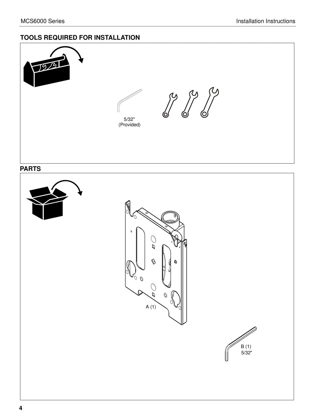 Chief Manufacturing MCS6000 Series installation instructions Tools Required for Installation, Parts 