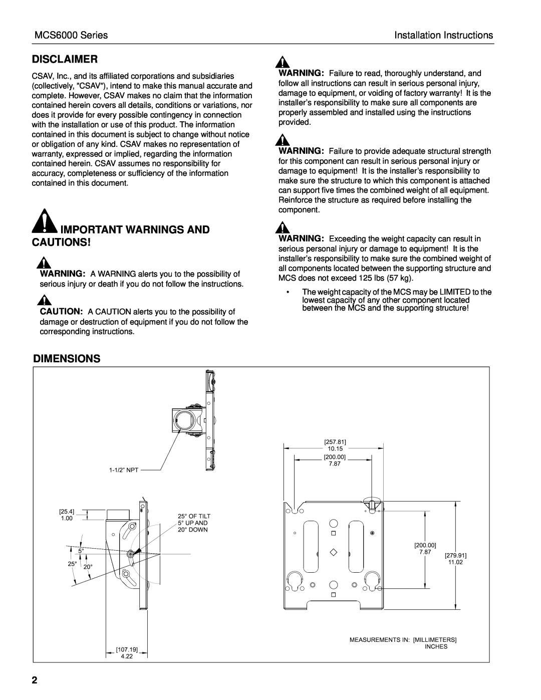 Chief Manufacturing MCS6000 Series Disclaimer, Important Warnings And Cautions, Installation Instructions, Dimensions 