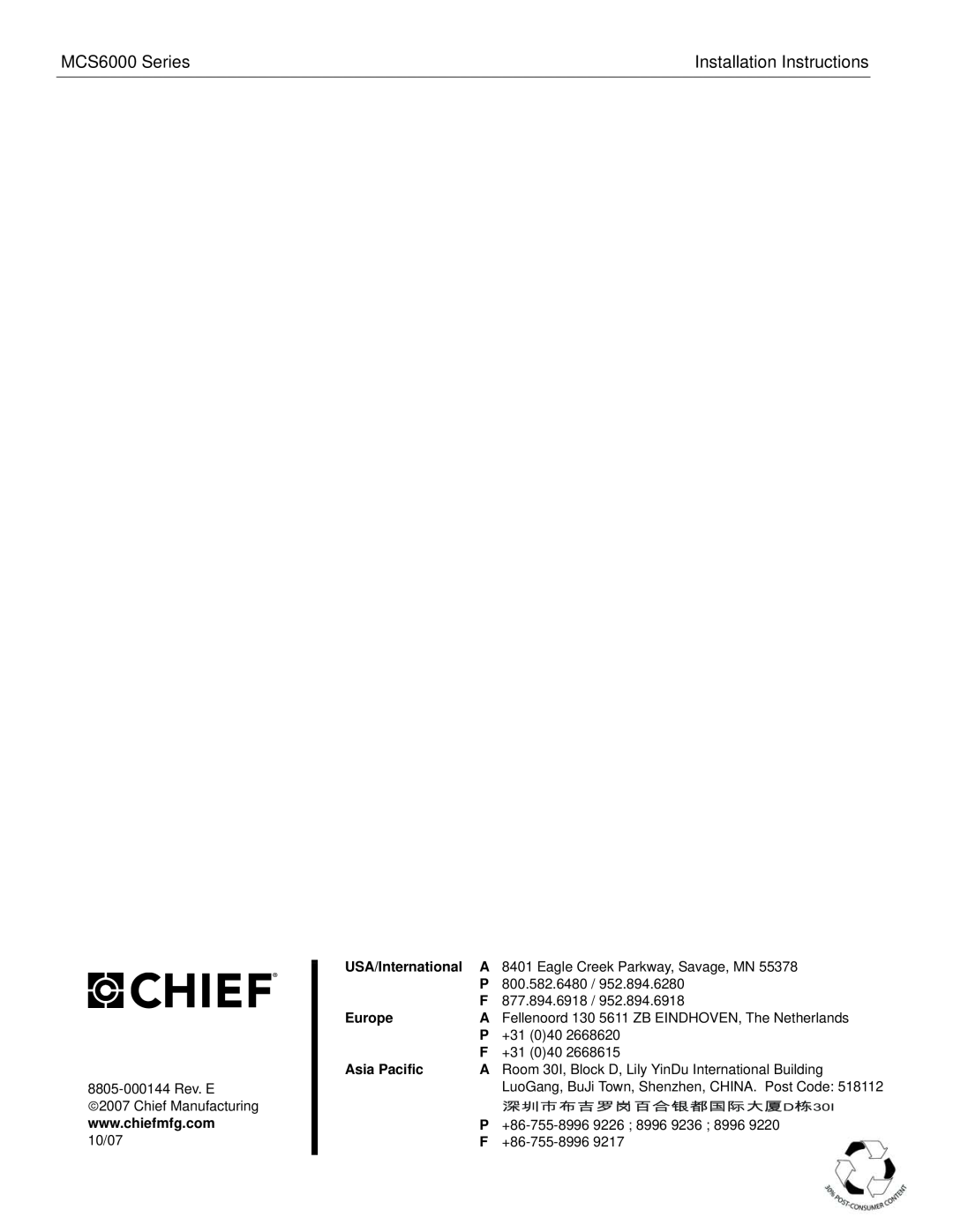 Chief Manufacturing MCS6000 Series installation instructions Installation Instructions, USA/International 