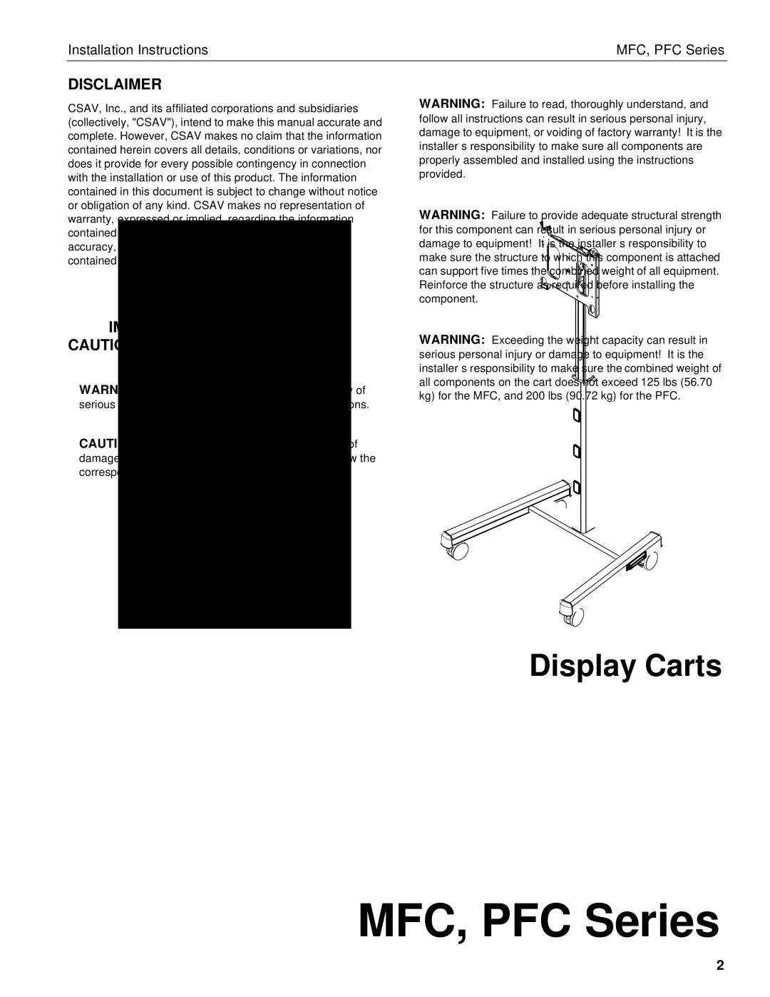 Chief Manufacturing MFC Series, PFC Series installation instructions Disclaimer, Important Warnings and Cautions 