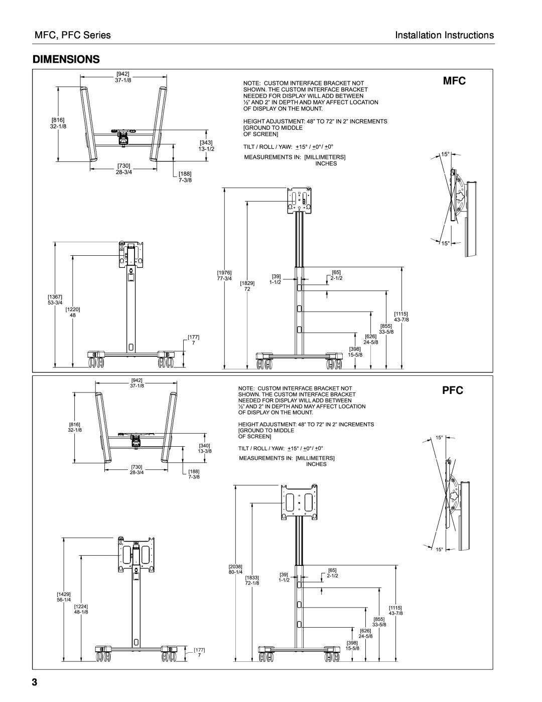 Chief Manufacturing MFC Series installation instructions Dimensions Mfc Pfc, MFC, PFC Series, Installation Instructions 