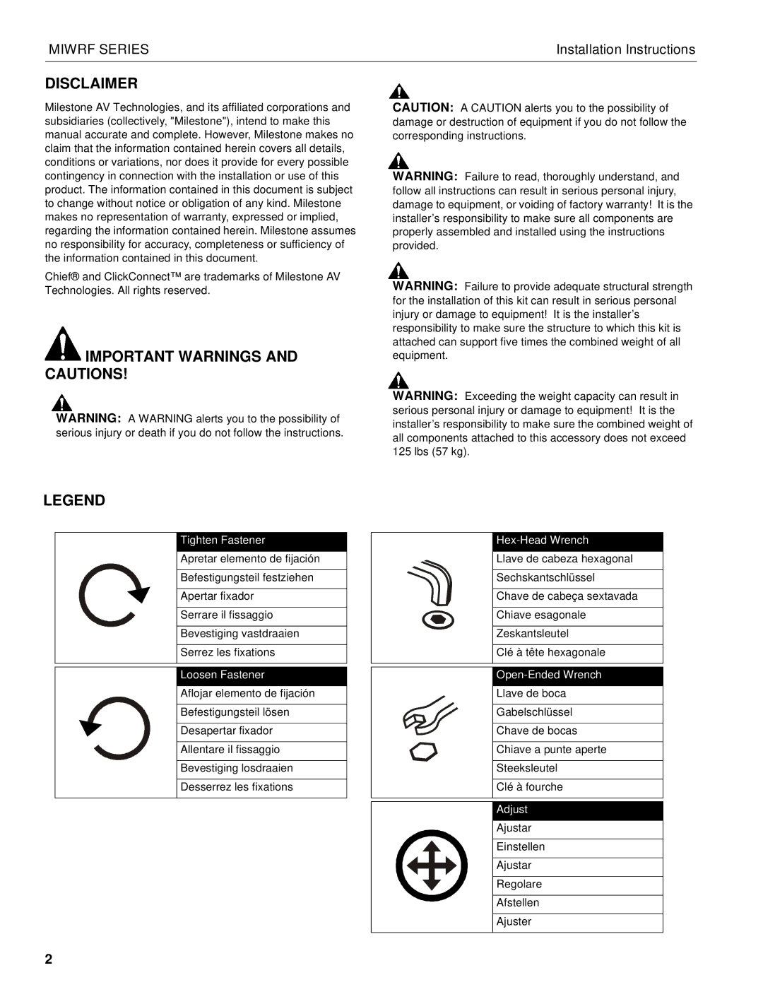 Chief Manufacturing MIWRF Series installation instructions Disclaimer, Important Warnings and Cautions 