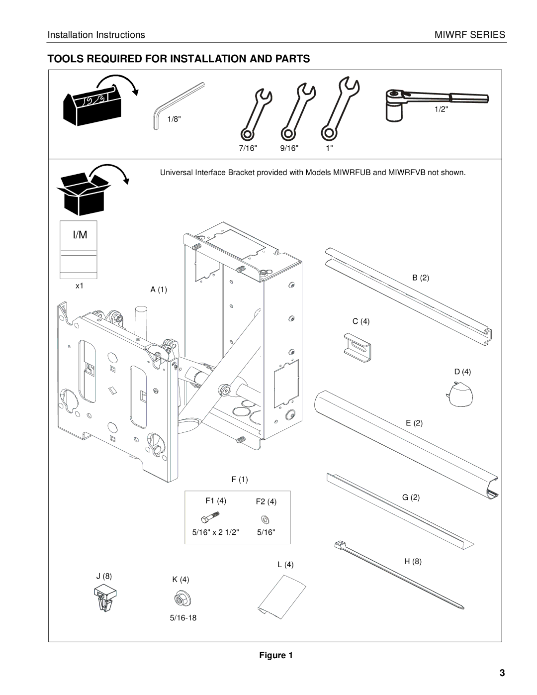 Chief Manufacturing MIWRF Series installation instructions Tools Required for Installation and Parts 