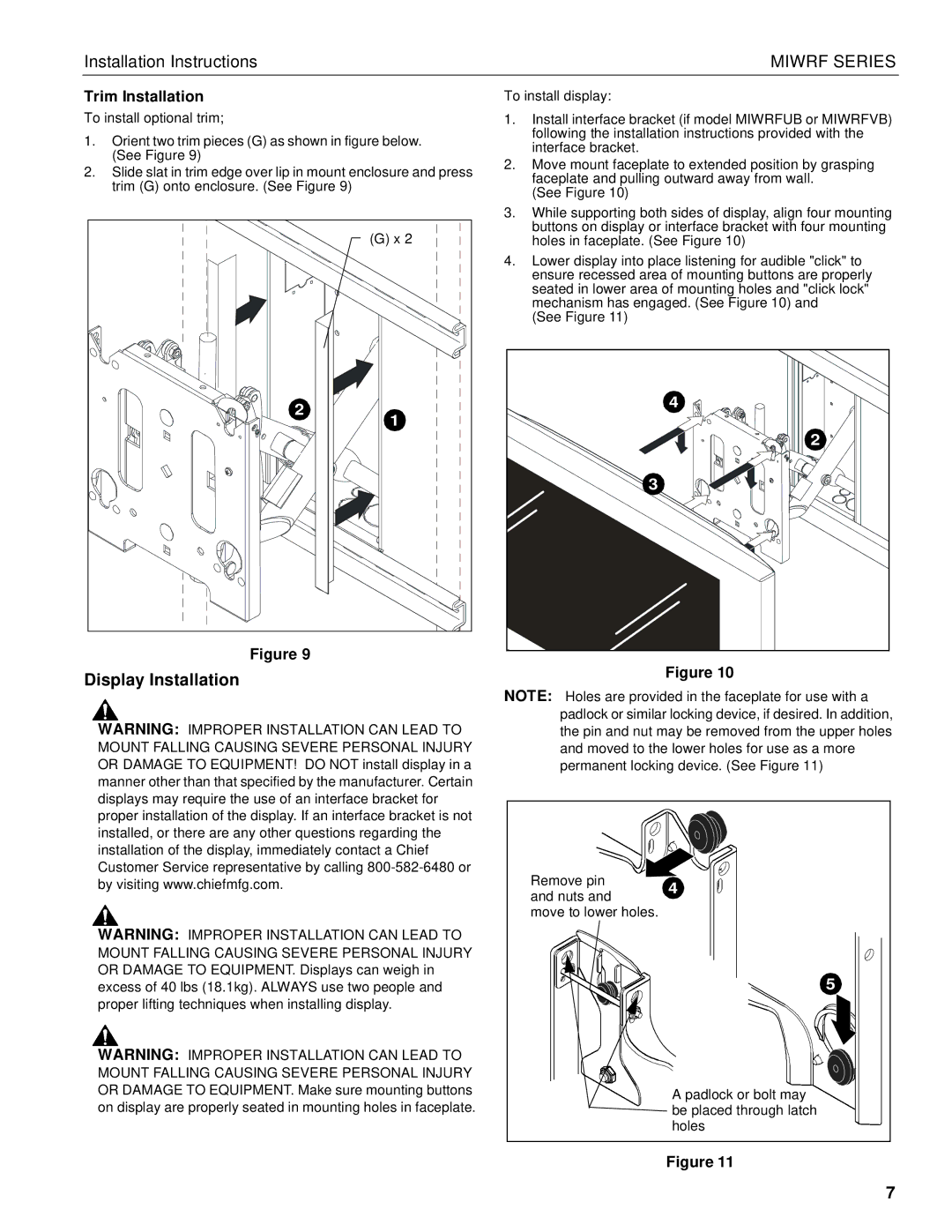 Chief Manufacturing MIWRF Series installation instructions Display Installation, Trim Installation 