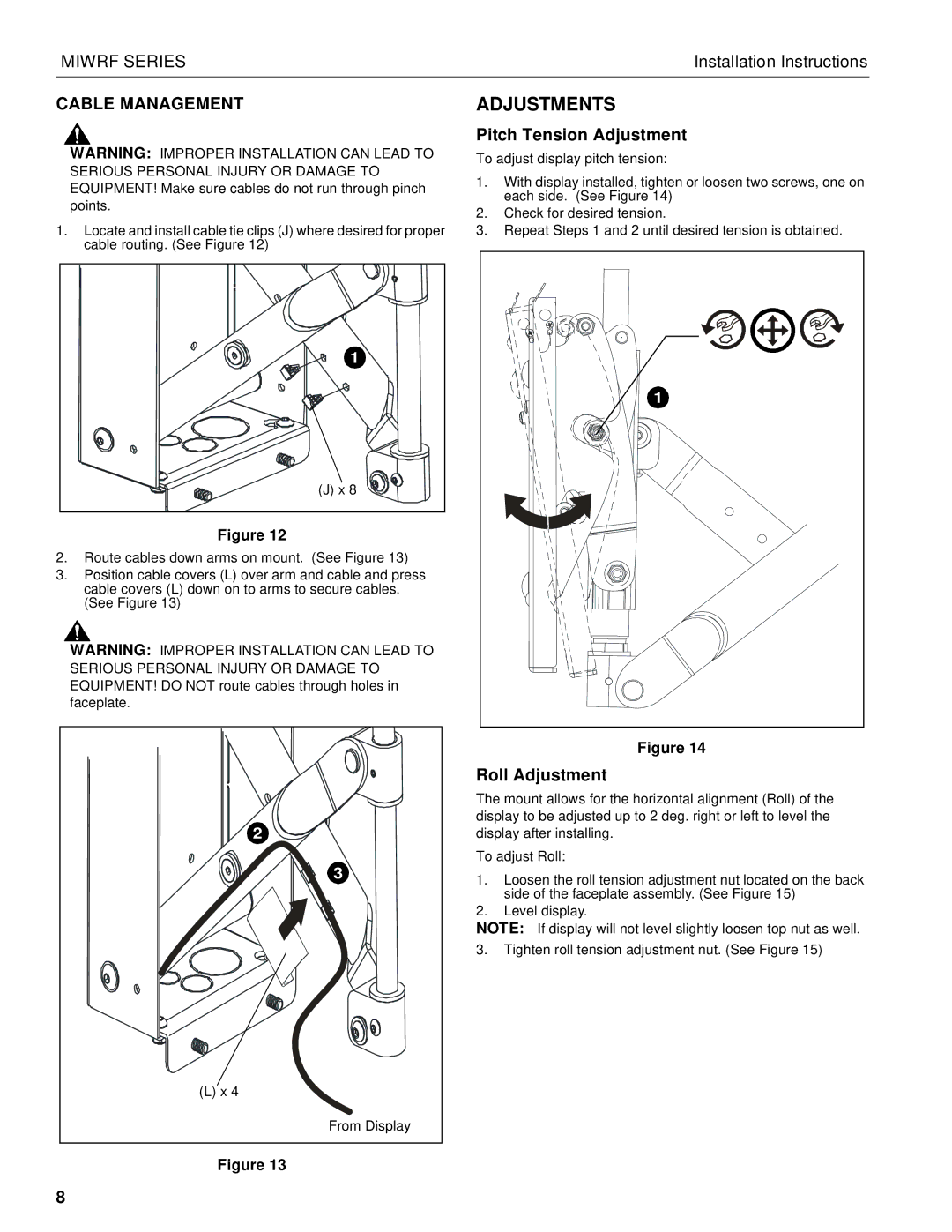 Chief Manufacturing MIWRF Series installation instructions Adjustments, Pitch Tension Adjustment, Roll Adjustment 