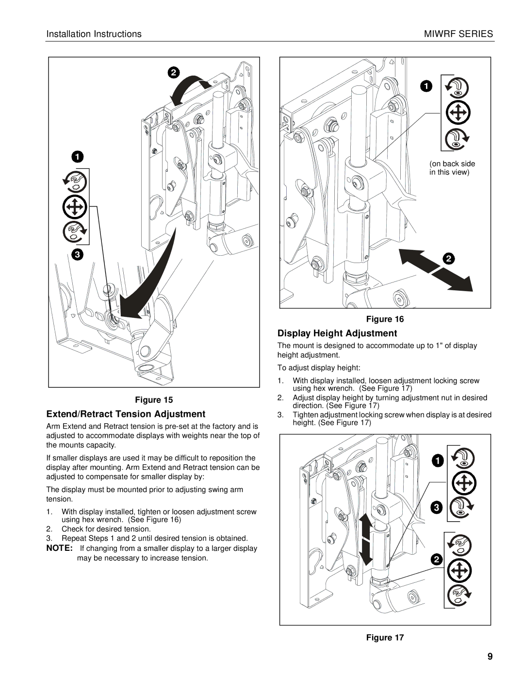 Chief Manufacturing MIWRF Series installation instructions Extend/Retract Tension Adjustment, Display Height Adjustment 