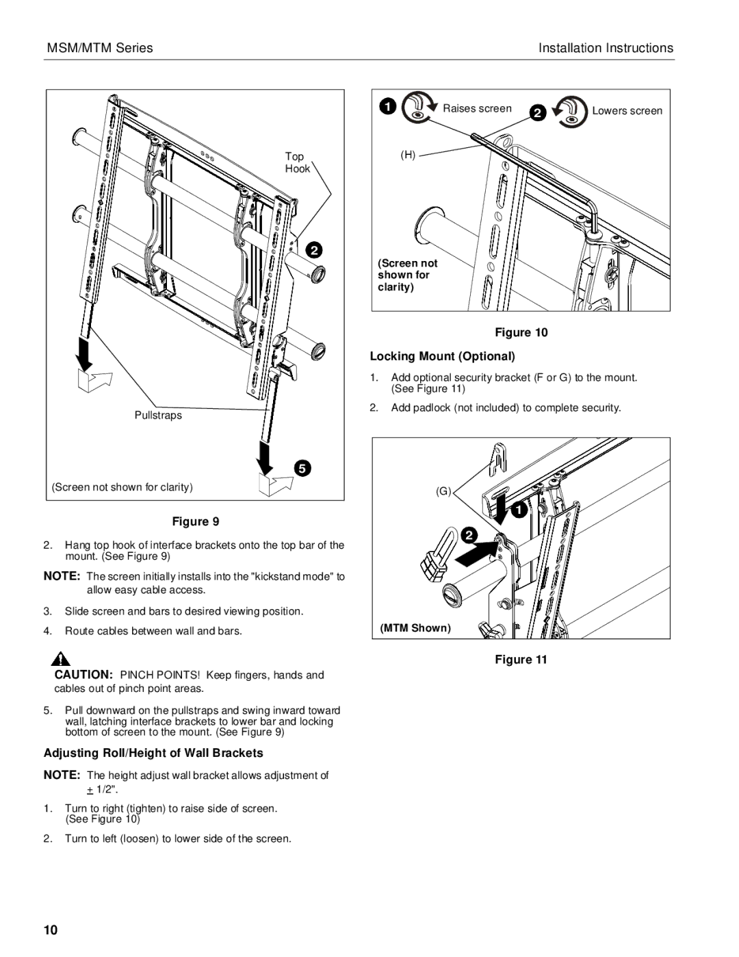 Chief Manufacturing MSM, MTM installation instructions Adjusting Roll/Height of Wall Brackets, Locking Mount Optional 