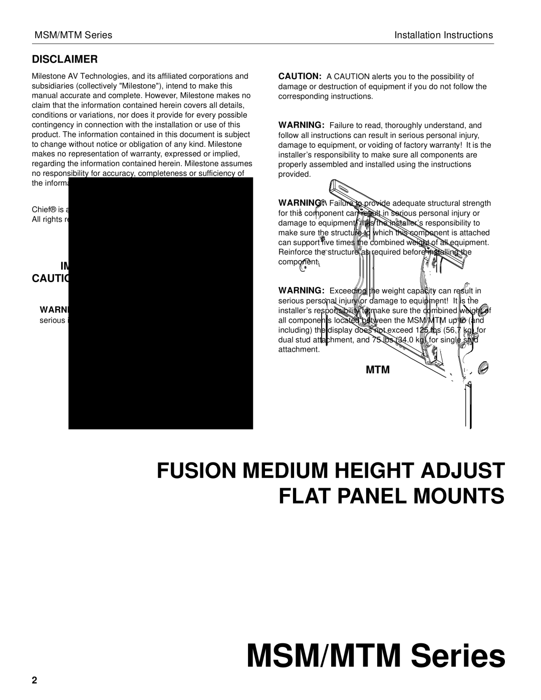 Chief Manufacturing MSM, MTM installation instructions Disclaimer, Important Warnings and Cautions 