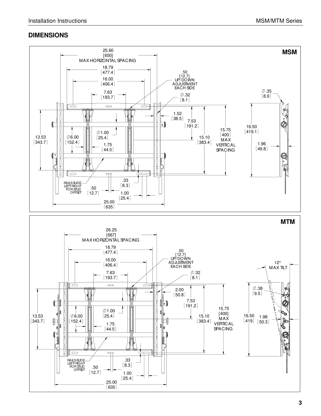 Chief Manufacturing MTM, MSM installation instructions Dimensions, Msm 