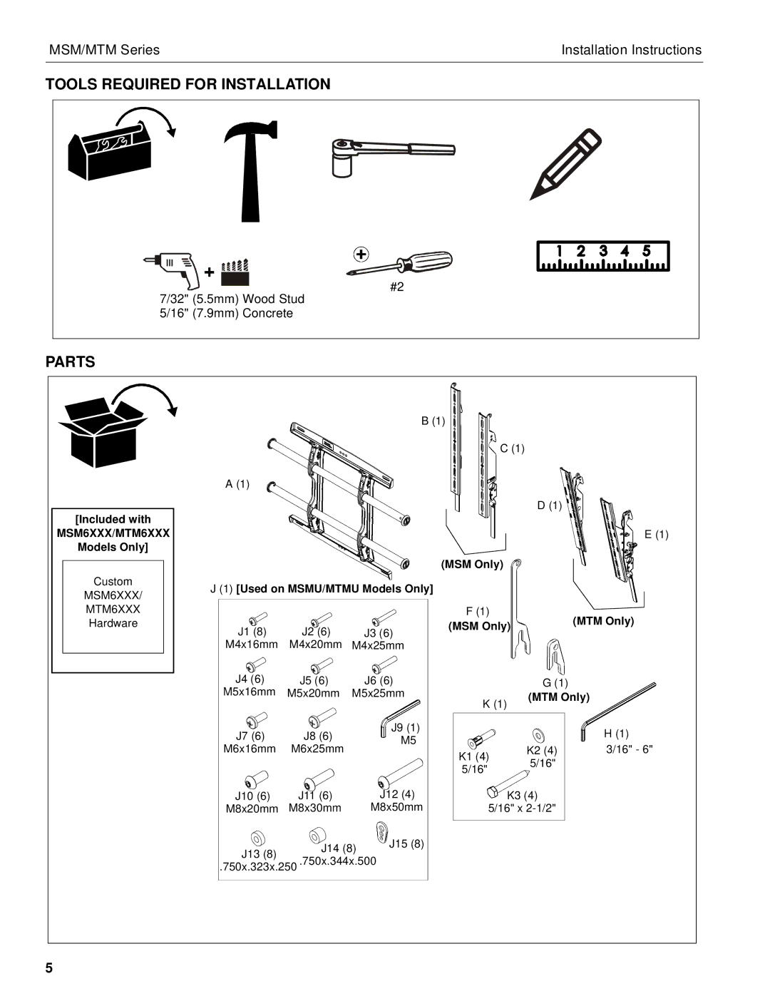 Chief Manufacturing MTM, MSM installation instructions Tools Required for Installation, Parts 