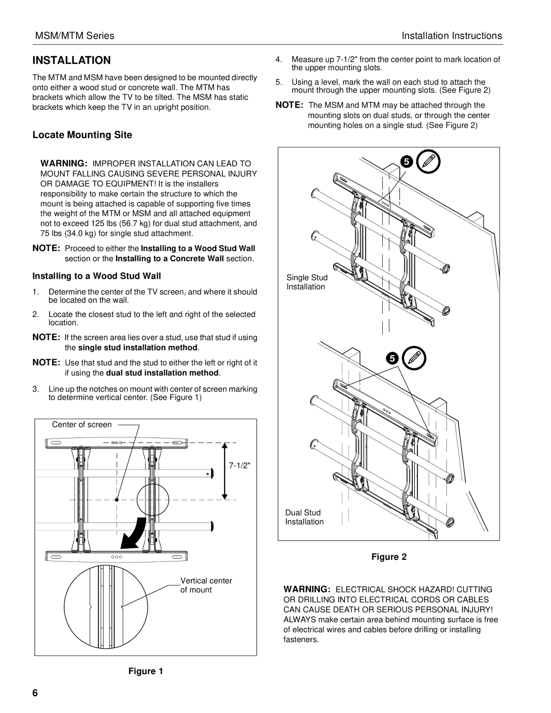 Chief Manufacturing MSM, MTM installation instructions Installation, Installing to a Wood Stud Wall 