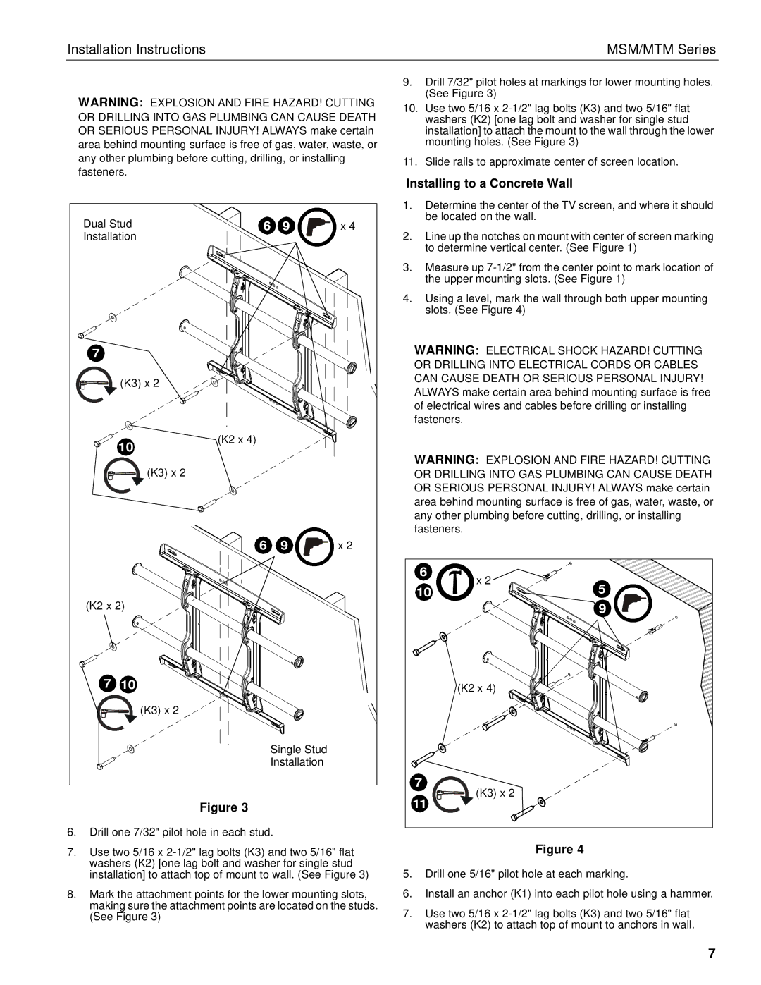 Chief Manufacturing MTM, MSM installation instructions Installing to a Concrete Wall, Fasteners K2 x K3 x 