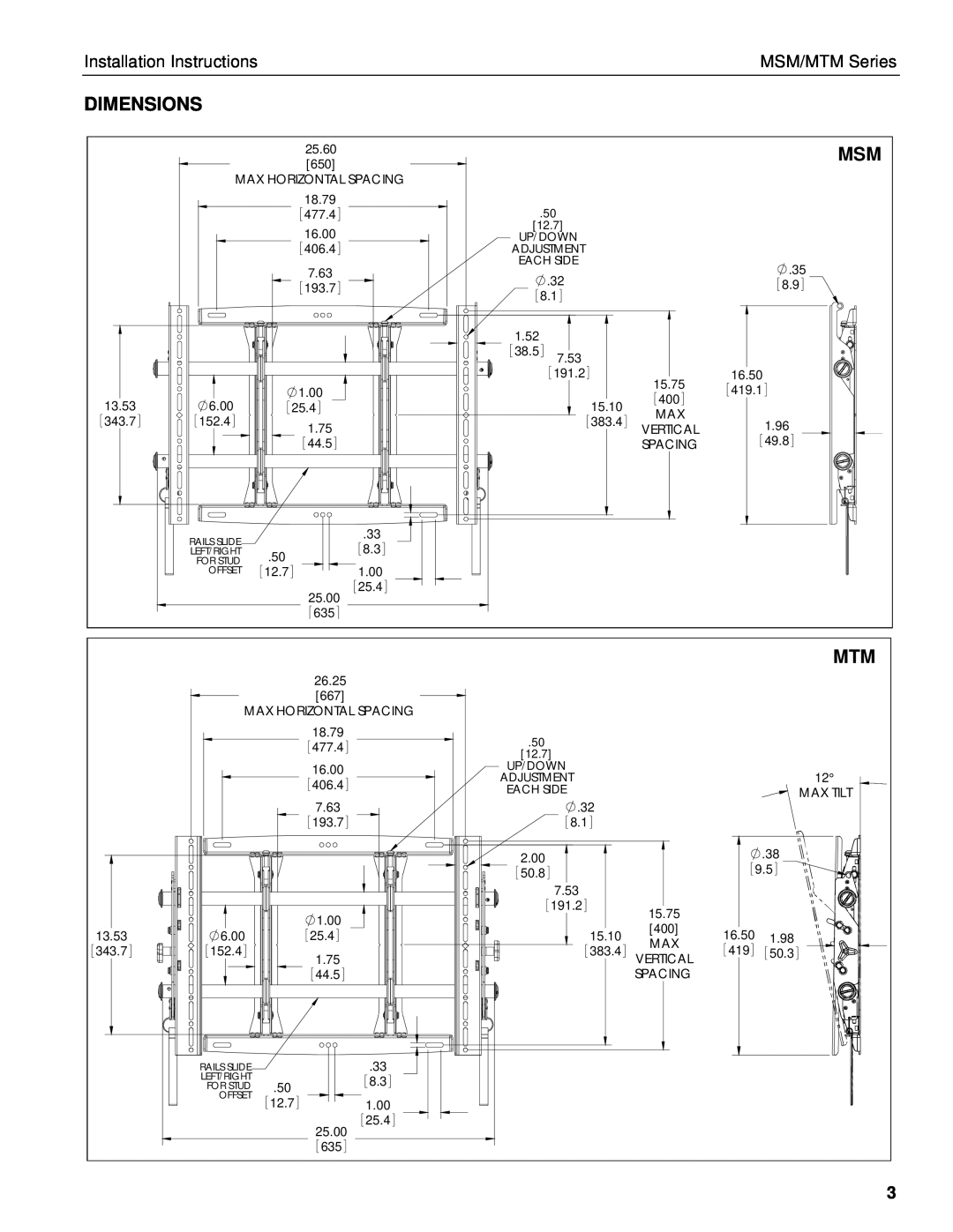 Chief Manufacturing installation instructions Dimensions, Installation Instructions, MSM/MTM Series 
