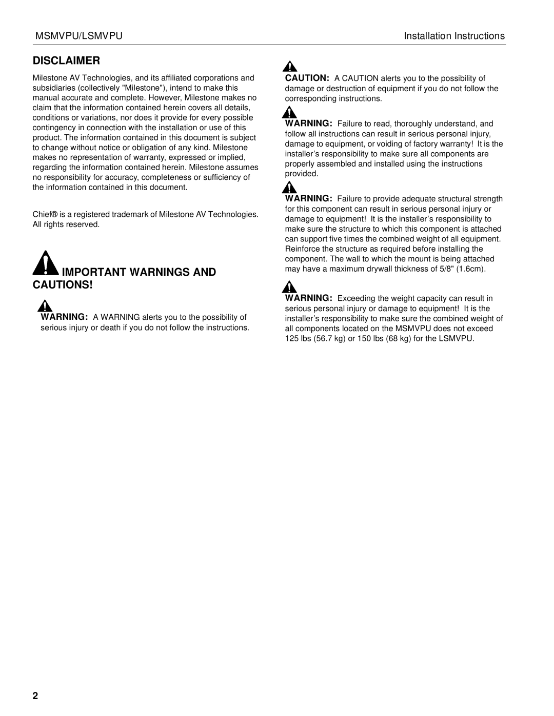 Chief Manufacturing MSMVPU, LSMVPU installation instructions Disclaimer, Important Warnings and Cautions 