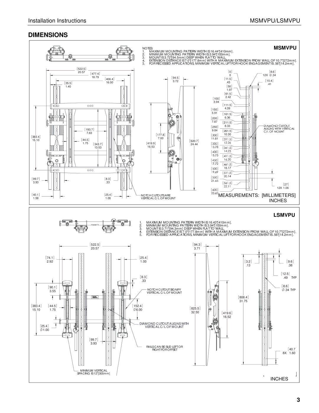 Chief Manufacturing LSMVPU, MSMVPU installation instructions Dimensions, Msmvpu 