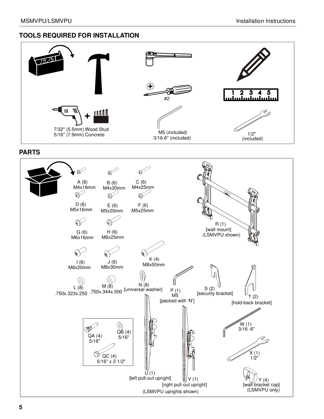 Chief Manufacturing LSMVPU, MSMVPU installation instructions Tools Required for Installation, Parts 