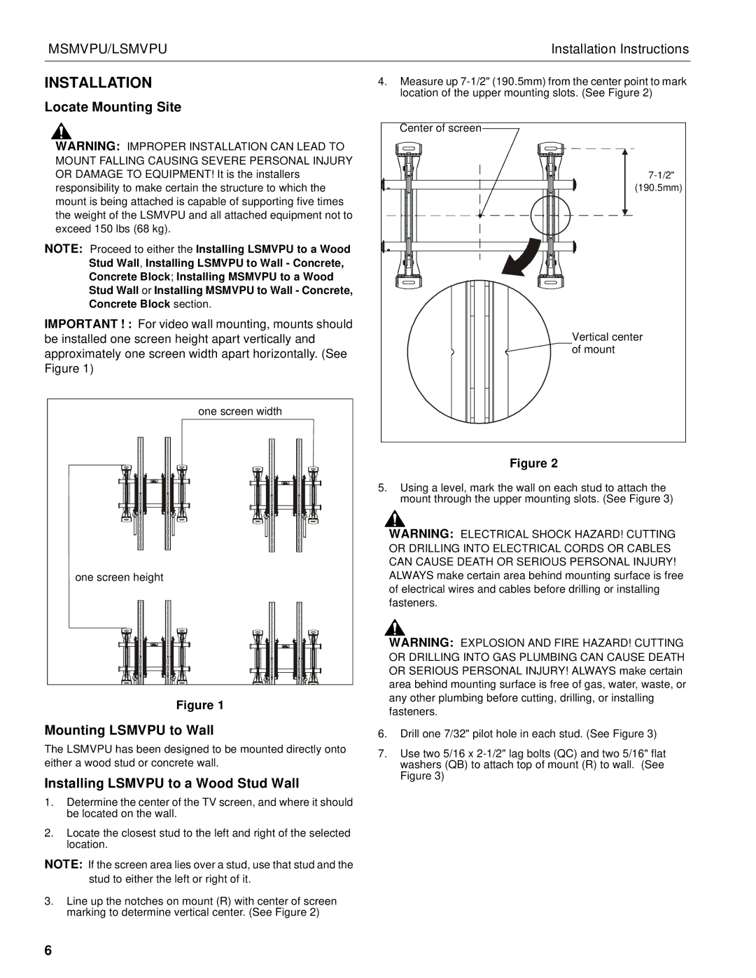 Chief Manufacturing MSMVPU, LSMVPU installation instructions Installation, Locate Mounting Site, Mounting Lsmvpu to Wall 