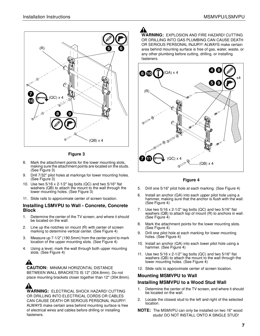 Chief Manufacturing LSMVPU, MSMVPU installation instructions Installing Lsmvpu to Wall Concrete, Concrete Block, QC x QB x 