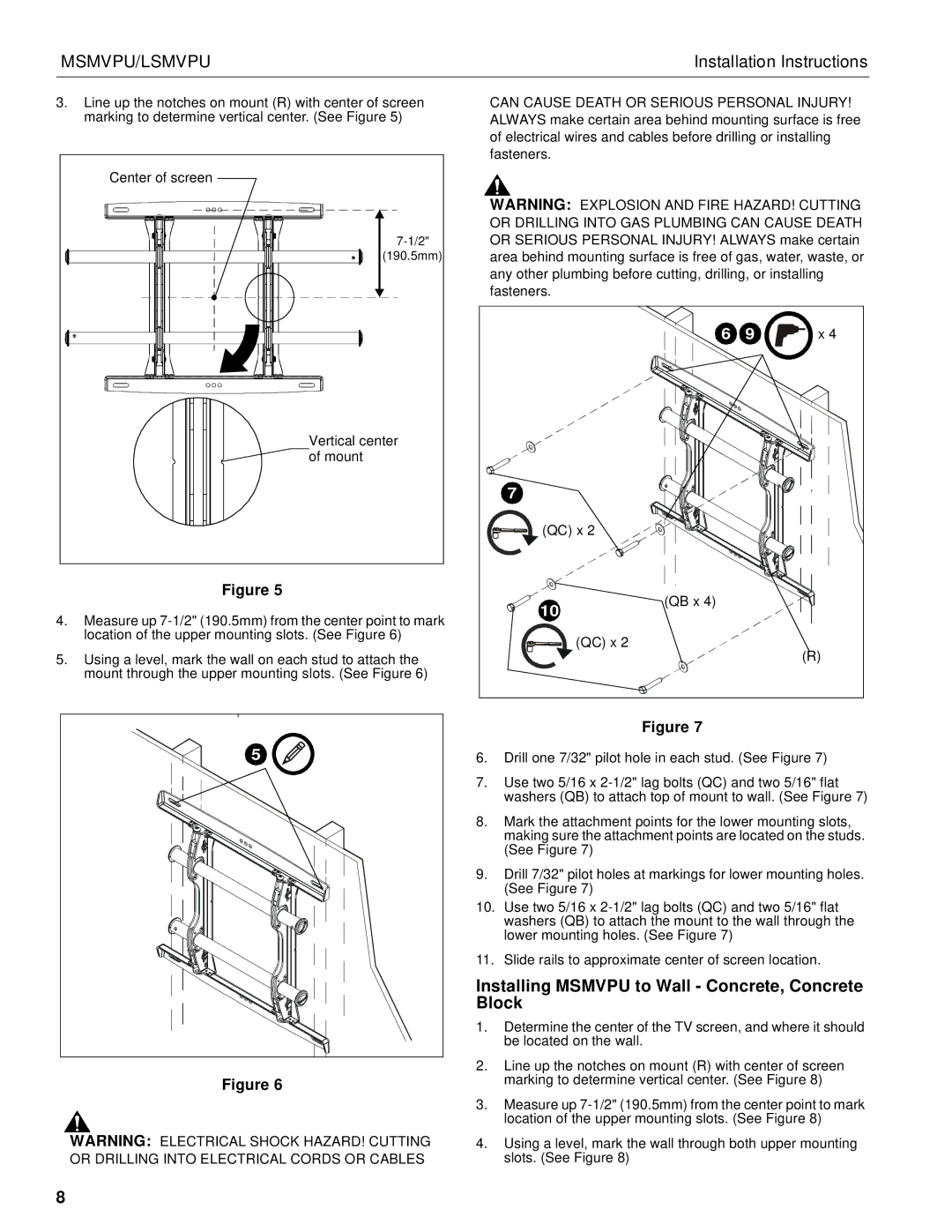 Chief Manufacturing MSMVPU, LSMVPU installation instructions Installing Msmvpu to Wall Concrete, Concrete Block 