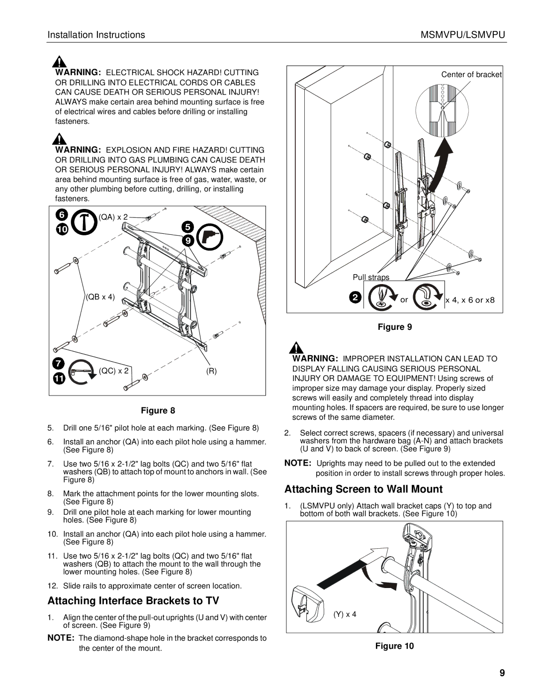 Chief Manufacturing LSMVPU, MSMVPU installation instructions Attaching Interface Brackets to TV 