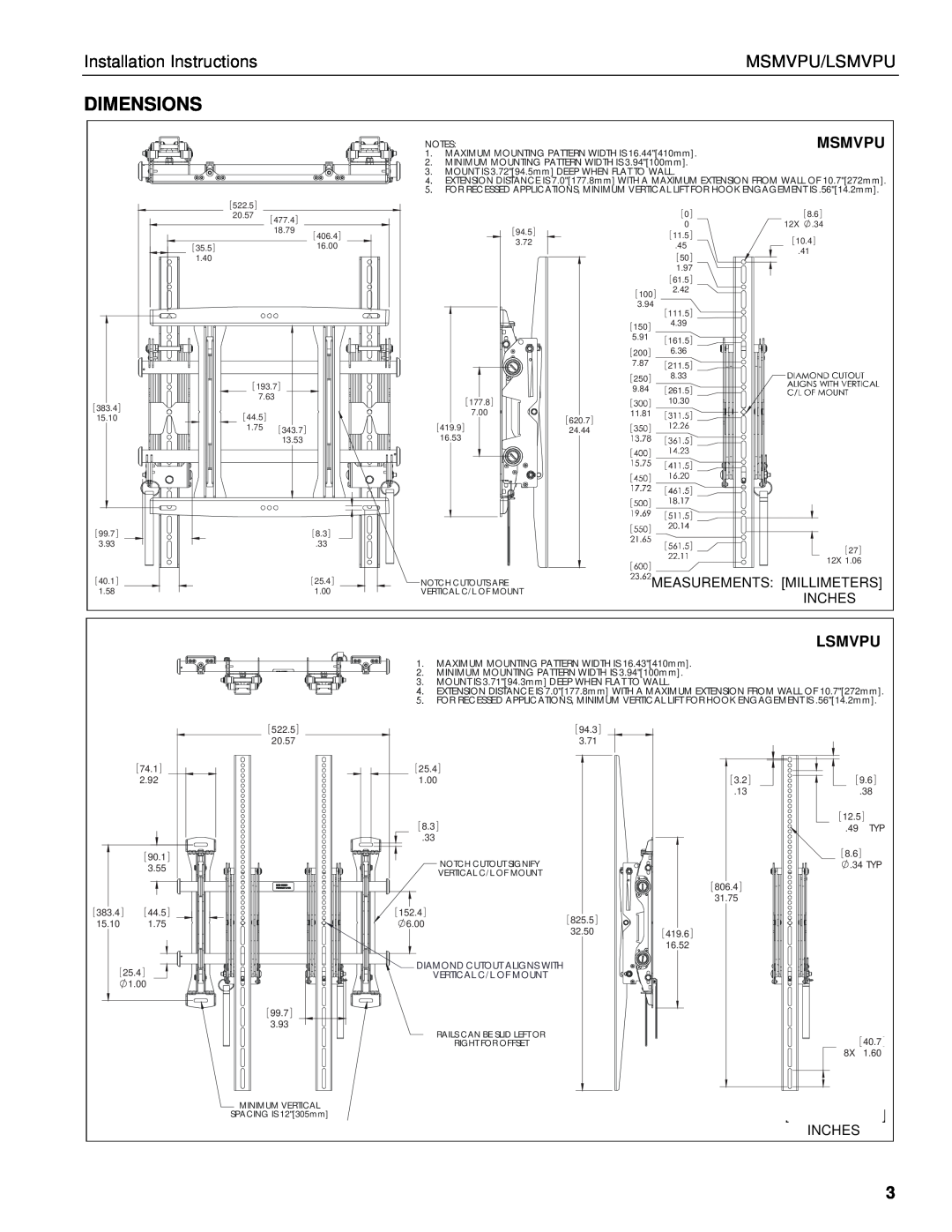 Chief Manufacturing LSMVPU Dimensions, Installation Instructions, Msmvpu/Lsmvpu, Measurements Millimeters, Inches 