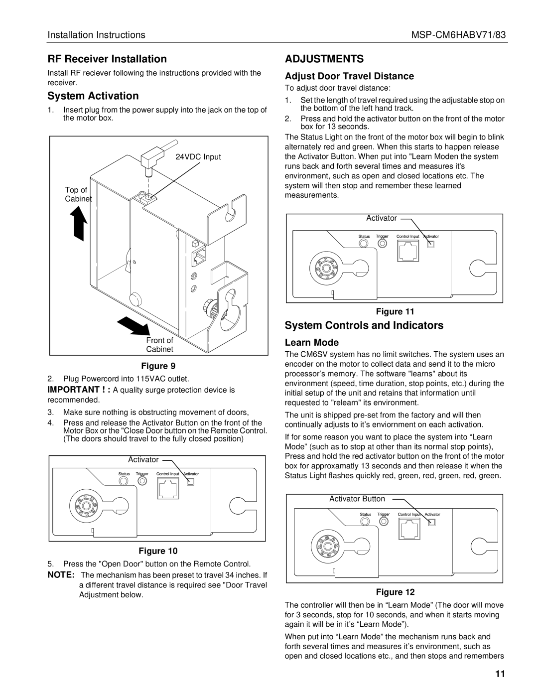 Chief Manufacturing MSP-CM6HABV71/83 installation instructions System Activation, Adjustments 