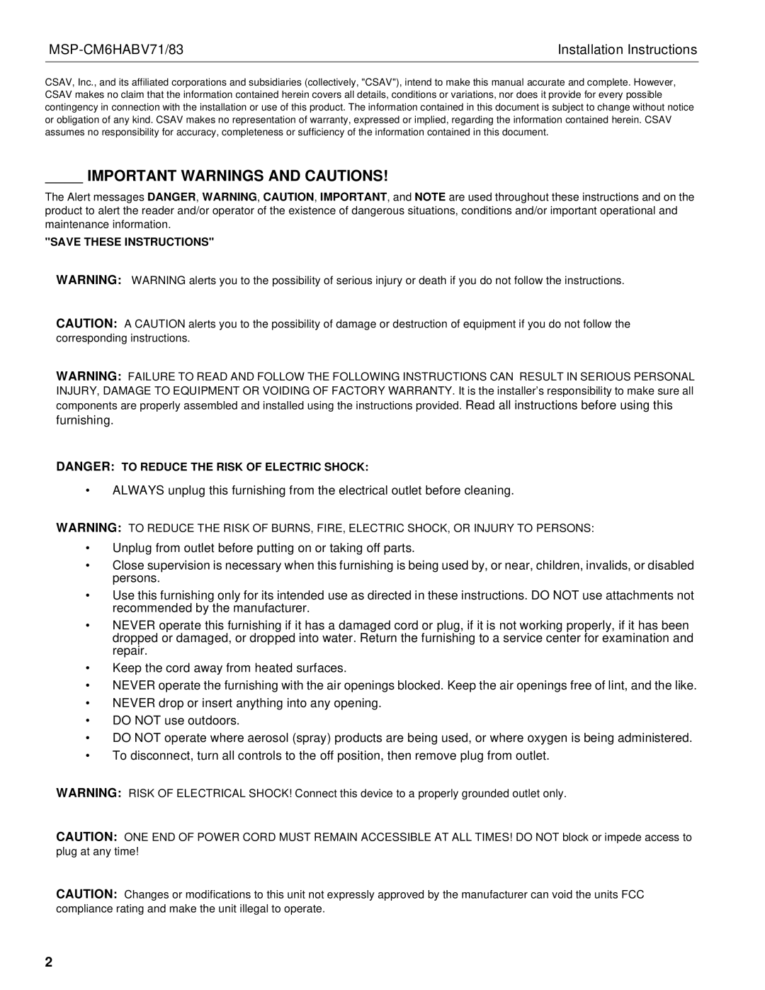 Chief Manufacturing MSP-CM6HABV71/83 installation instructions Important Warnings and Cautions 