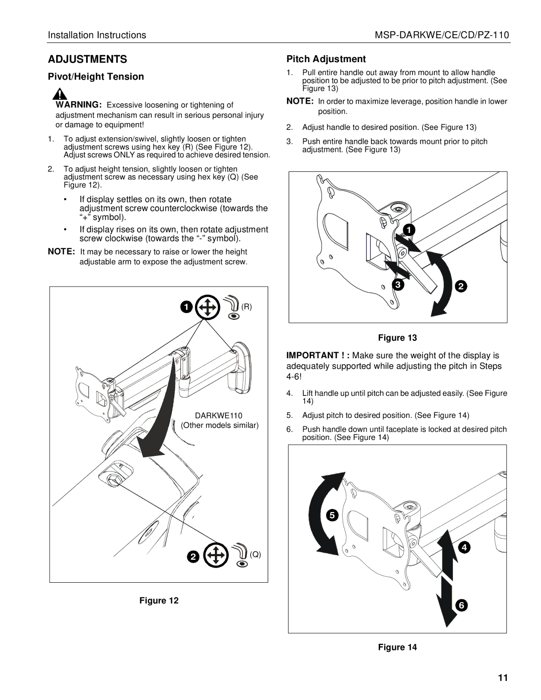 Chief Manufacturing MSP-DARKWE/CE/CD/PZ-110 manual Adjustments, Pivot/Height Tension Pitch Adjustment 