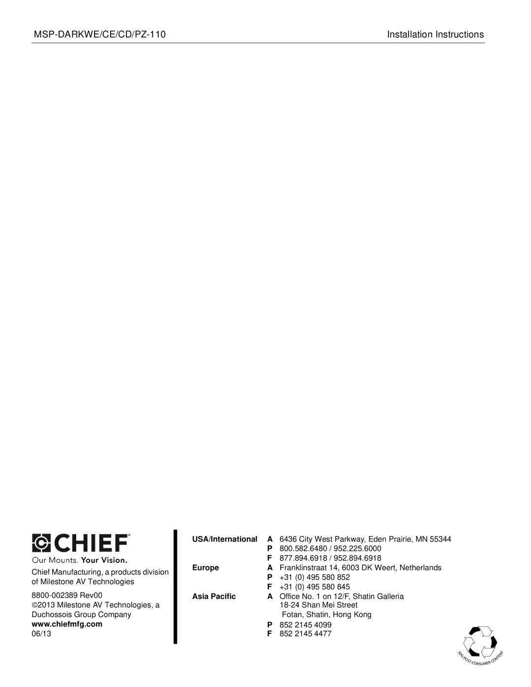 Chief Manufacturing MSP-DARKWE/CE/CD/PZ-110 manual USA/International 