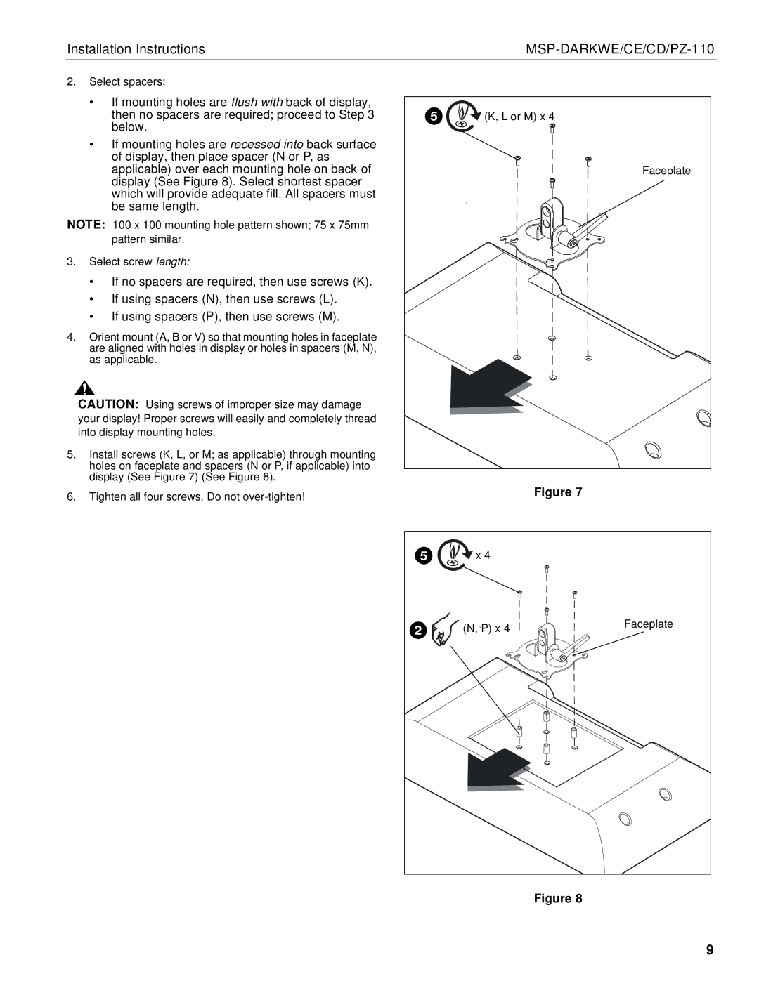 Chief Manufacturing MSP-DARKWE/CE/CD/PZ-110 manual Select spacers 