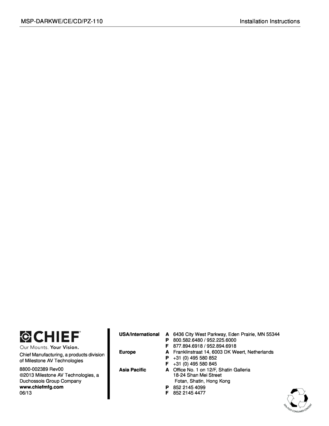 Chief Manufacturing MSP-DARKWE/CE/CD/PZ-110 manual Installation Instructions, 8800-002389 Rev00, 06/13 