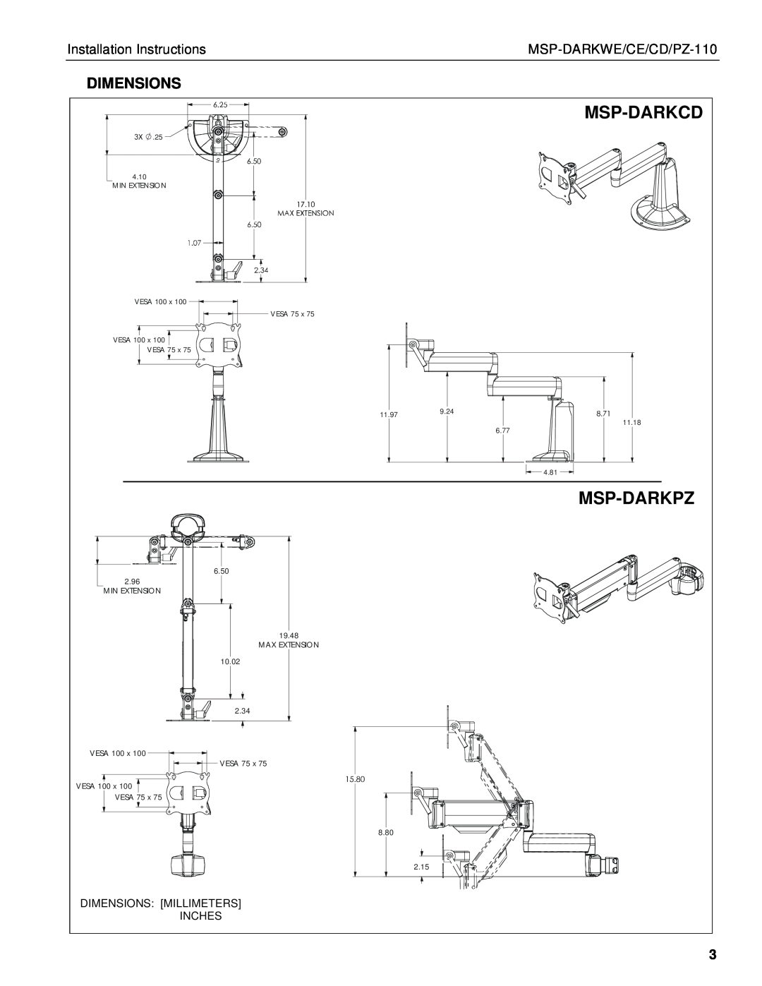 Chief Manufacturing MSP-DARKWE/CE/CD/PZ-110 manual Msp-Darkcd, Msp-Darkpz, Dimensions, Installation Instructions, Inches 
