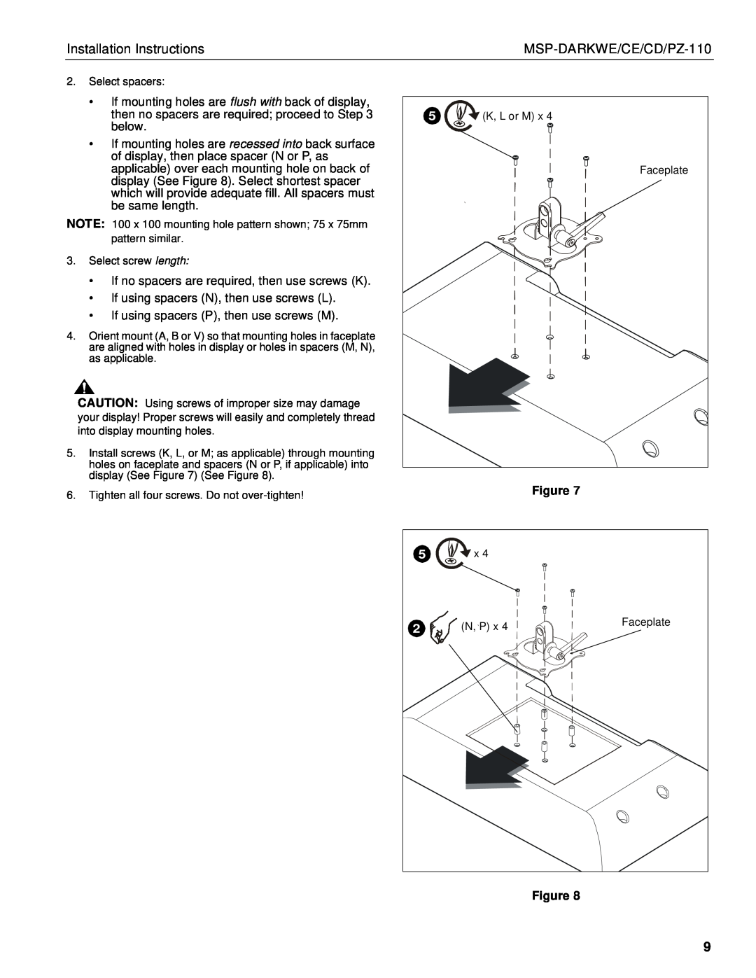 Chief Manufacturing MSP-DARKWE/CE/CD/PZ-110 Installation Instructions, If mounting holes are flush with back of display 