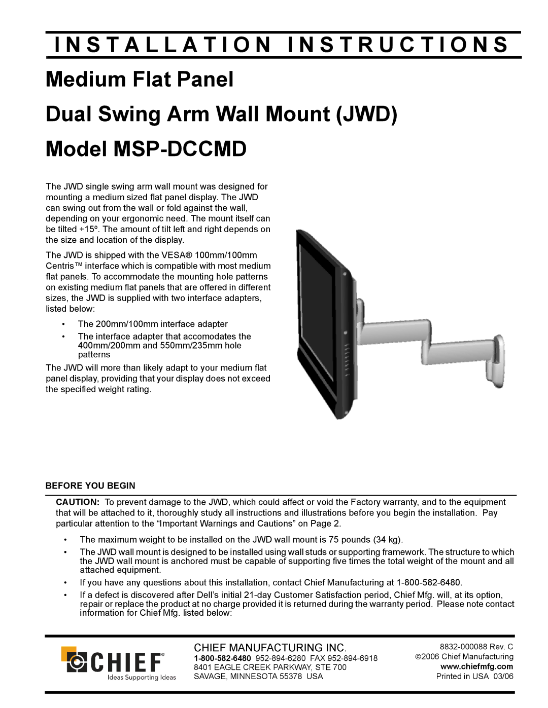 Chief Manufacturing MSP-DCCMD installation instructions Installation I N S T R U C T I O N S 