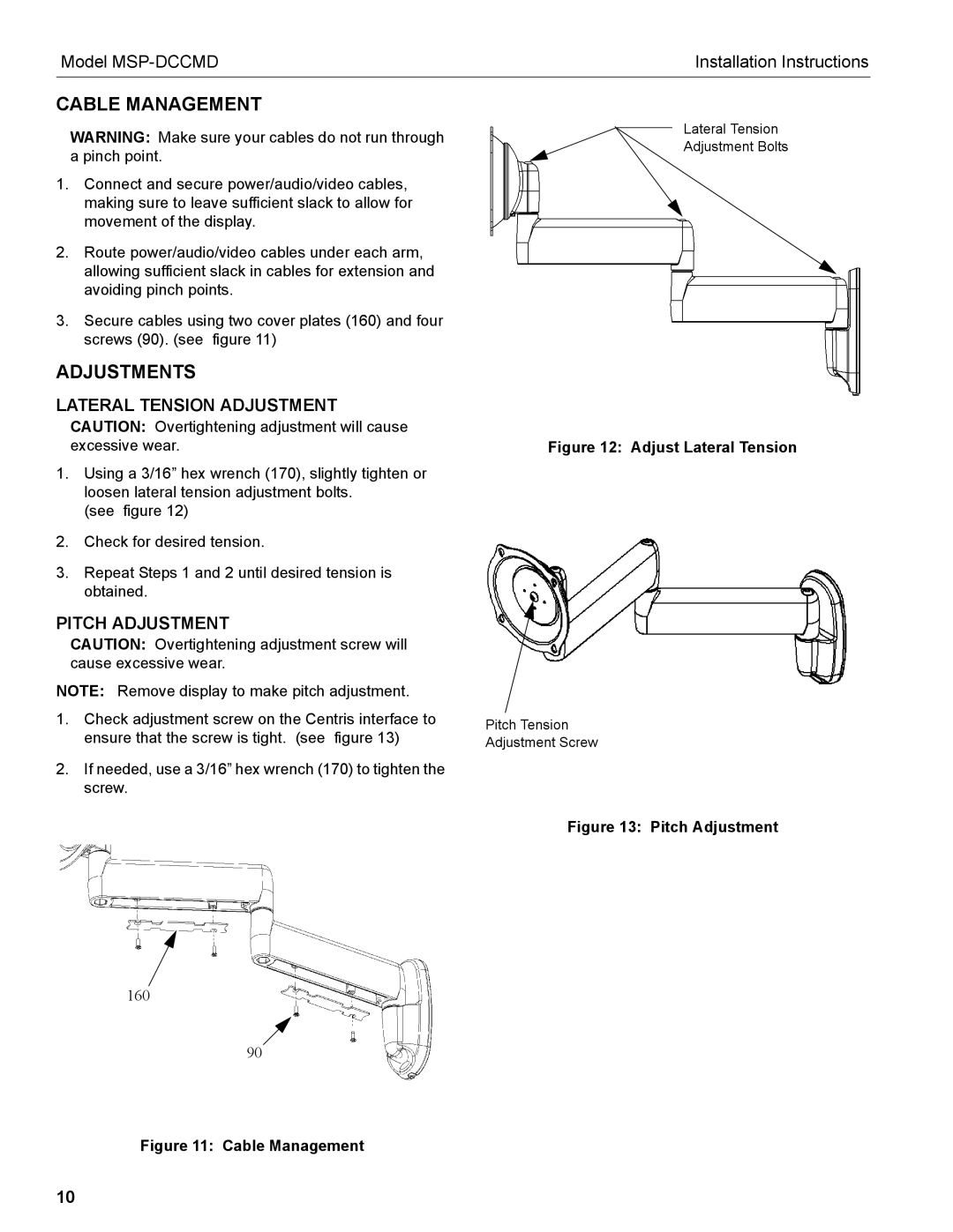 Chief Manufacturing MSP-DCCMD installation instructions Cable Management, Adjustments 