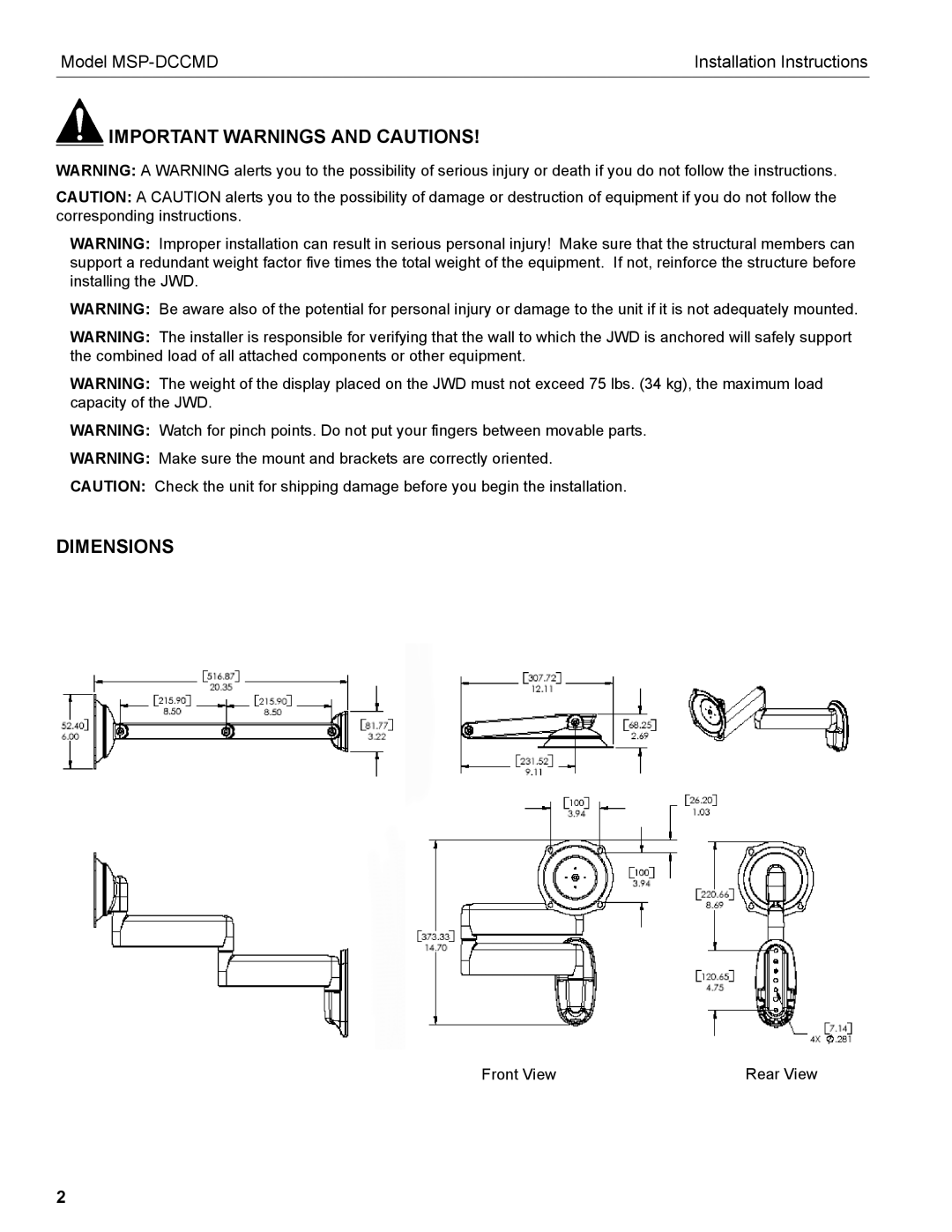 Chief Manufacturing MSP-DCCMD installation instructions Important Warnings and Cautions Dimensions 