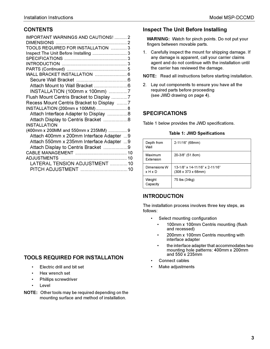 Chief Manufacturing MSP-DCCMD Contents, Tools Required for Installation, Specifications, Introduction 