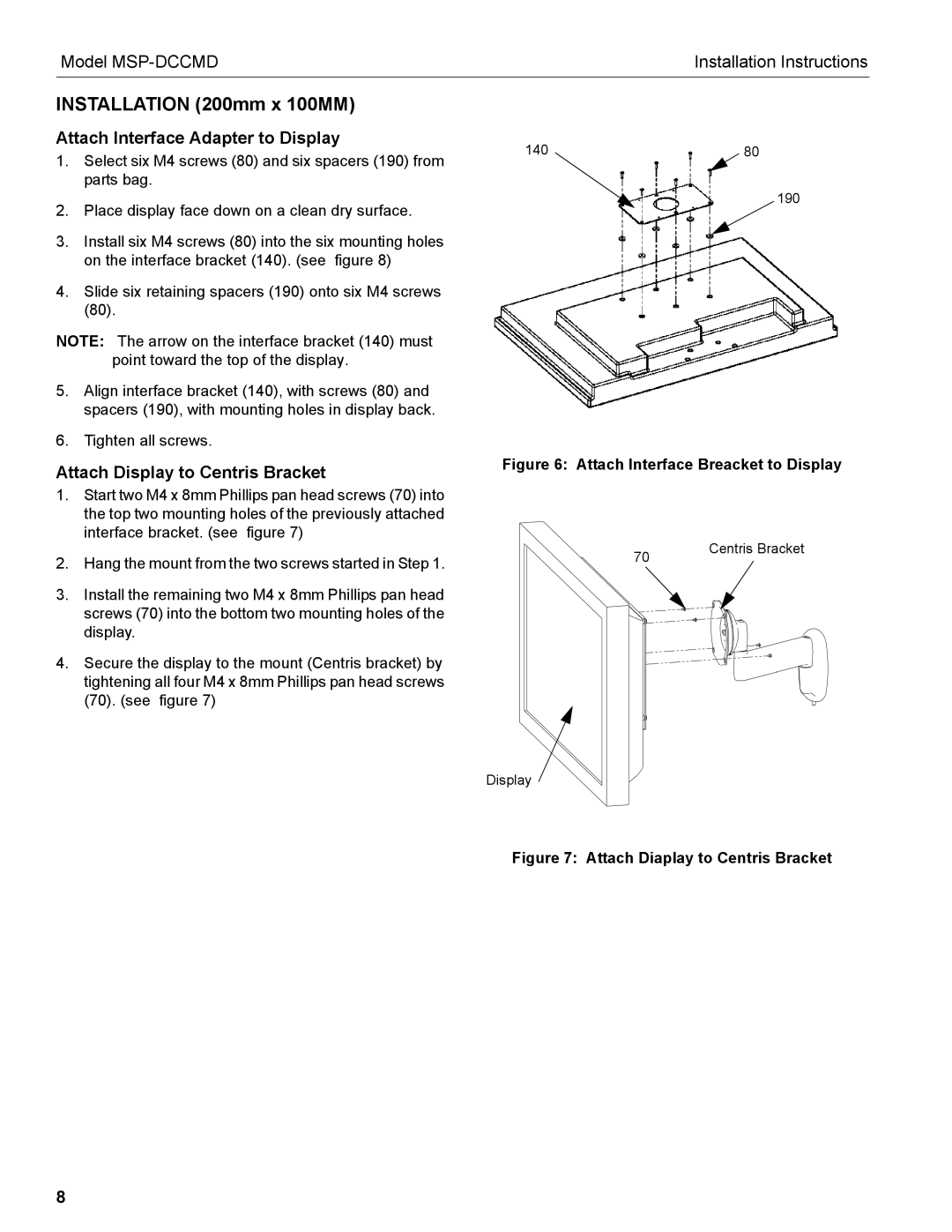 Chief Manufacturing MSP-DCCMD installation instructions Installation 200mm x 100MM, Attach Interface Adapter to Display 