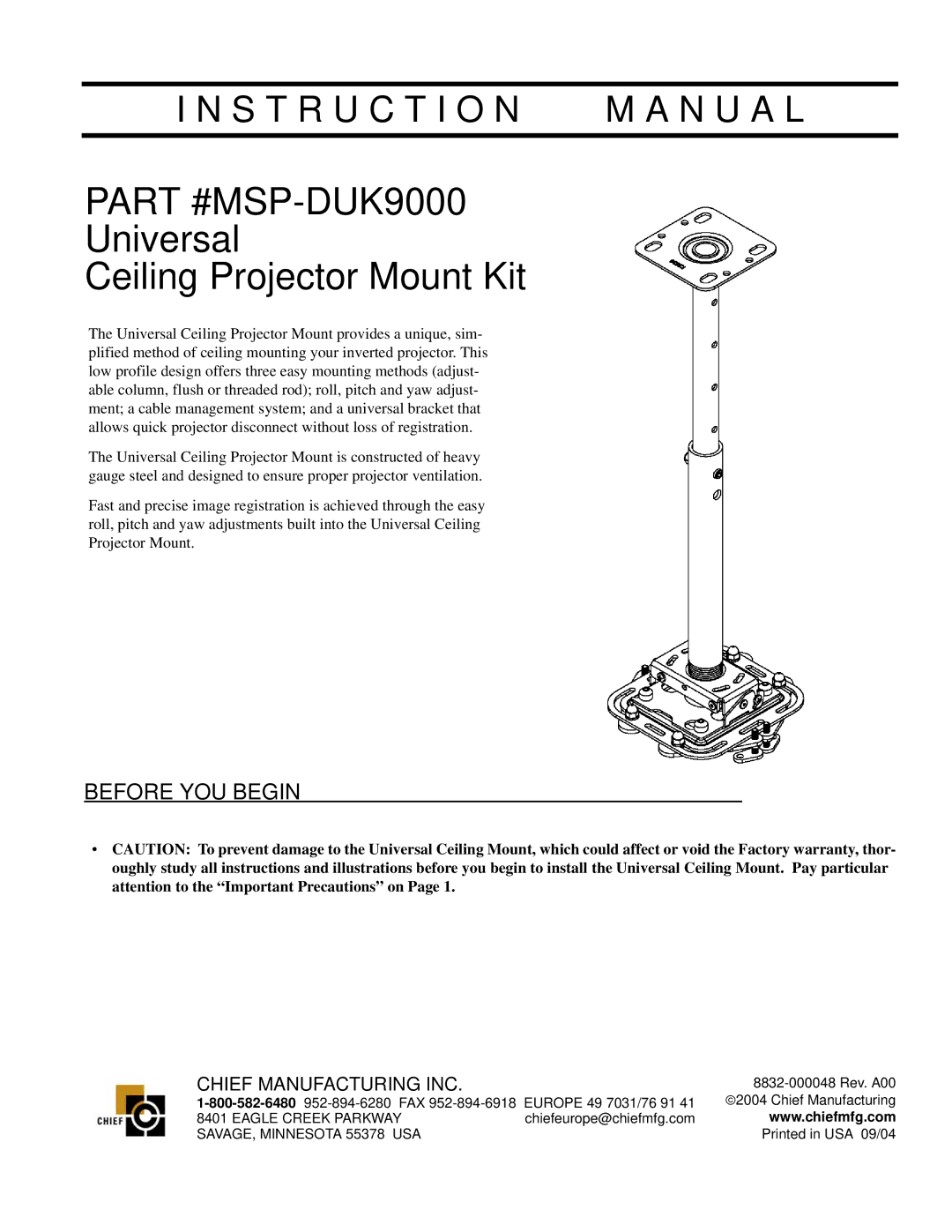 Chief Manufacturing MSP-DUK9000 instruction manual Before YOU Begin 