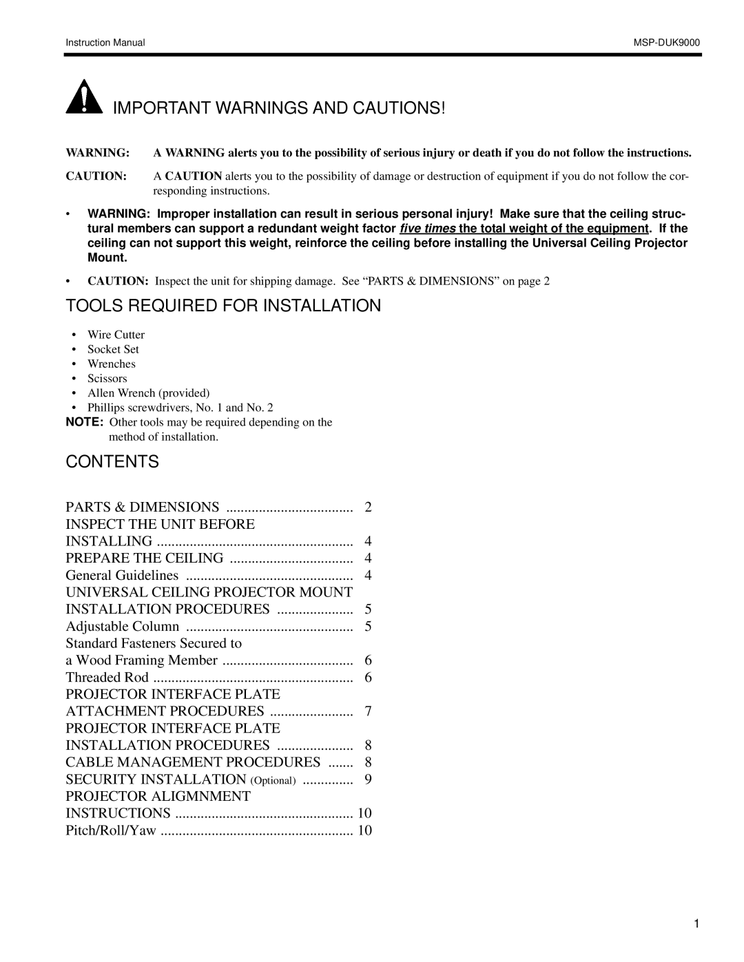 Chief Manufacturing MSP-DUK9000 instruction manual Contents 