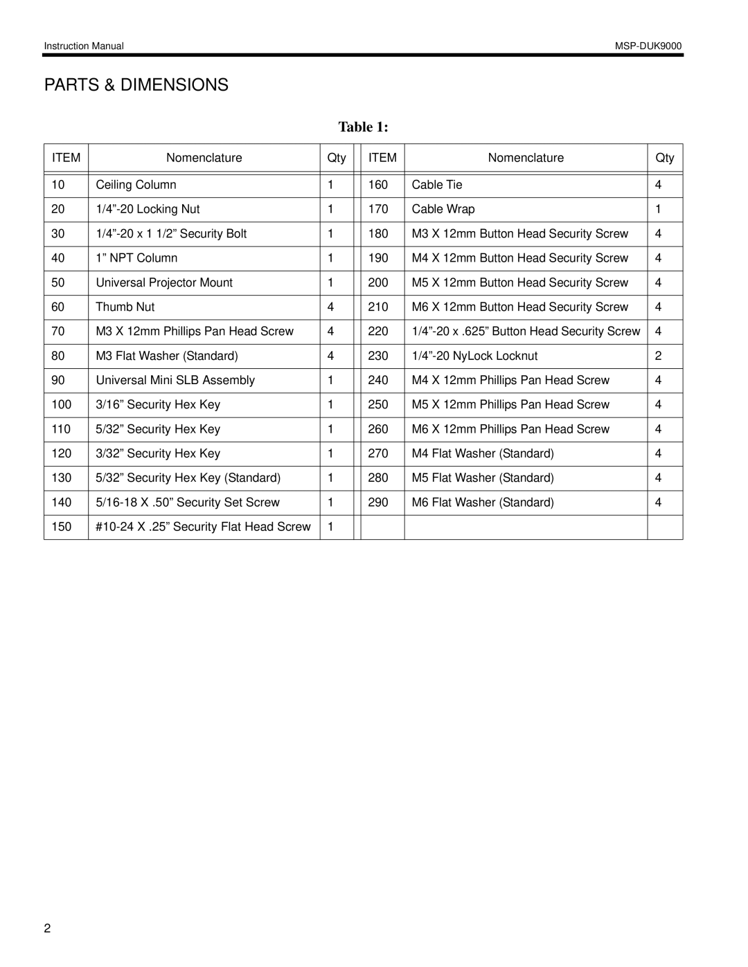 Chief Manufacturing MSP-DUK9000 instruction manual Parts & Dimensions 