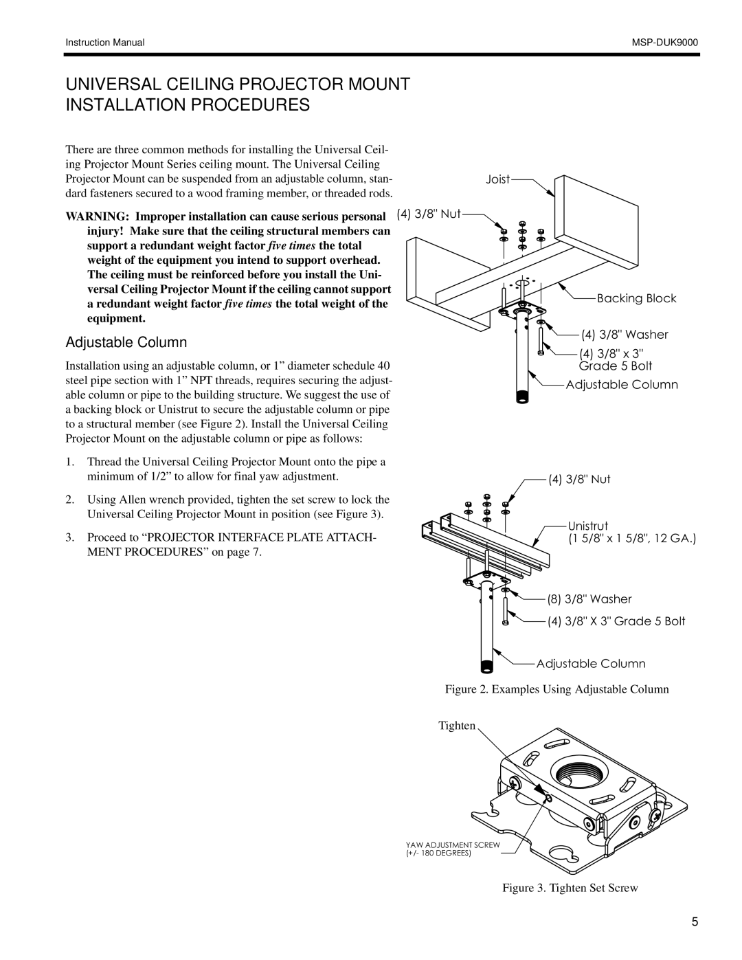 Chief Manufacturing MSP-DUK9000 Universal Ceiling Projector Mount Installation Procedures, Adjustable Column 