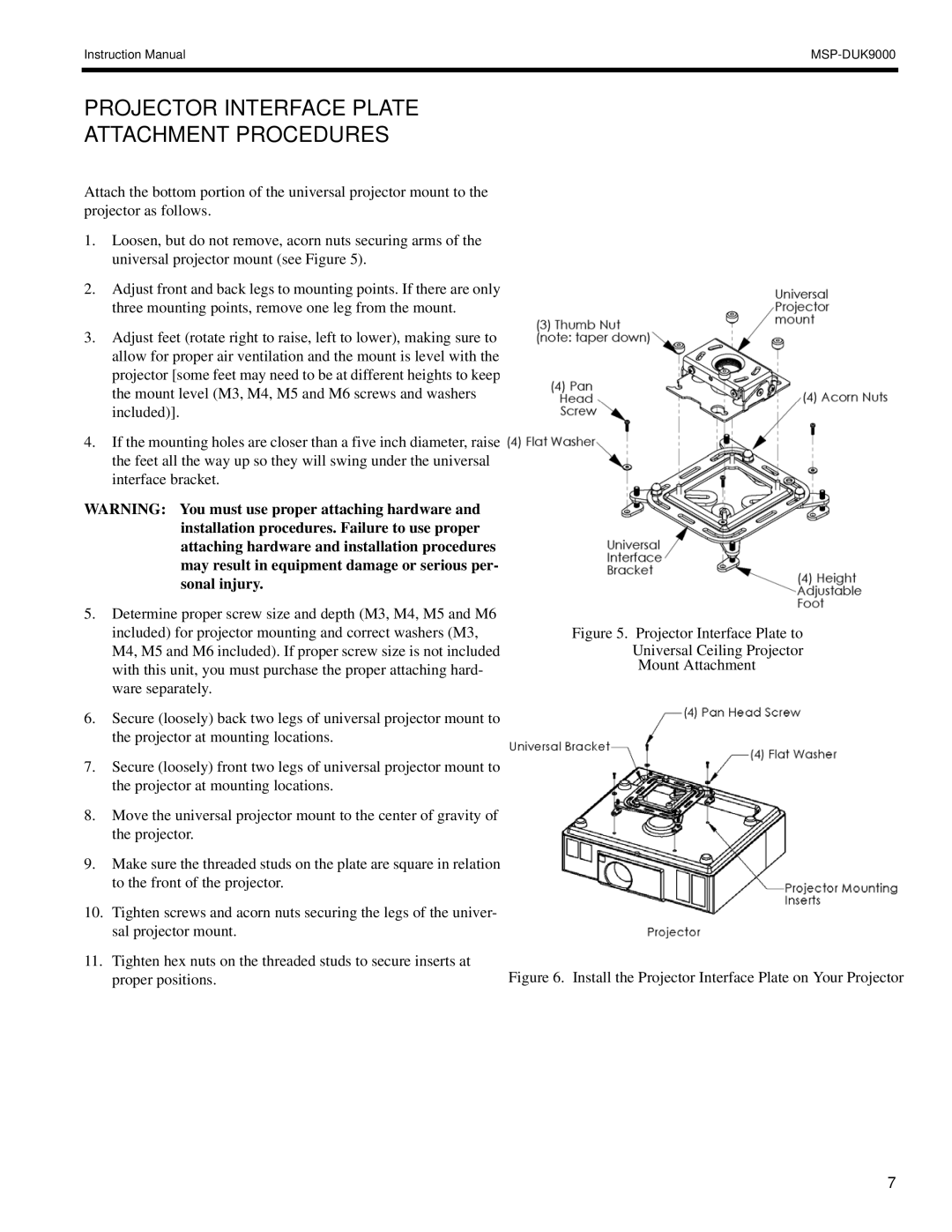 Chief Manufacturing MSP-DUK9000 instruction manual Projector Interface Plate Attachment Procedures 