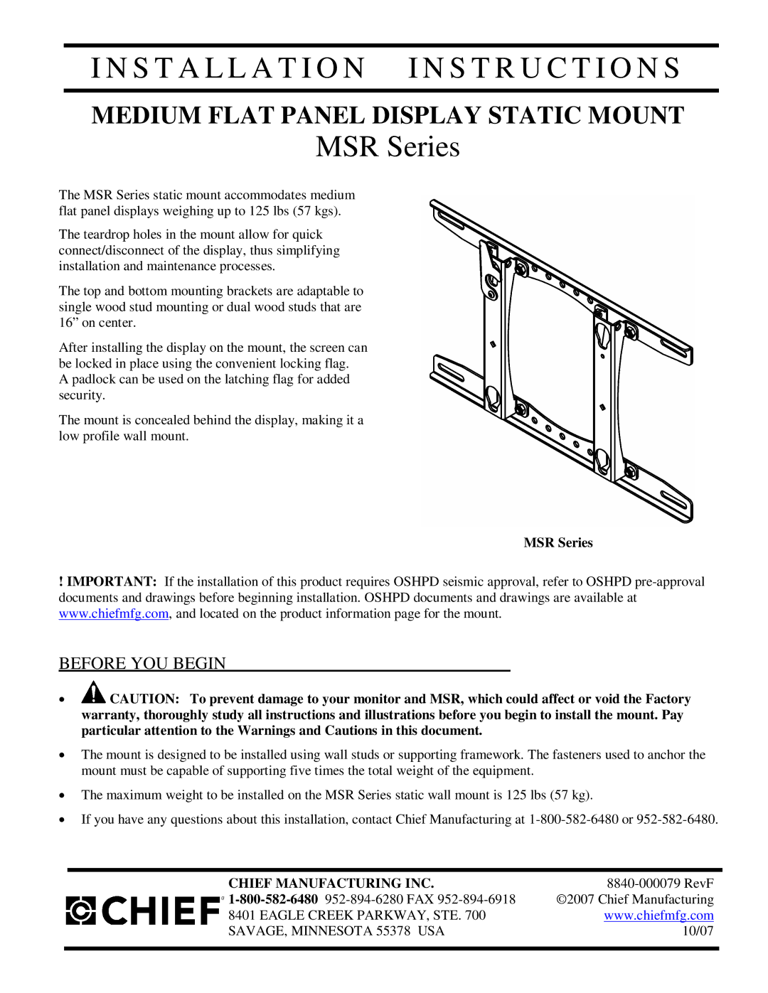 Chief Manufacturing MSR Series installation instructions Installation I N S T R U C T I O N S 