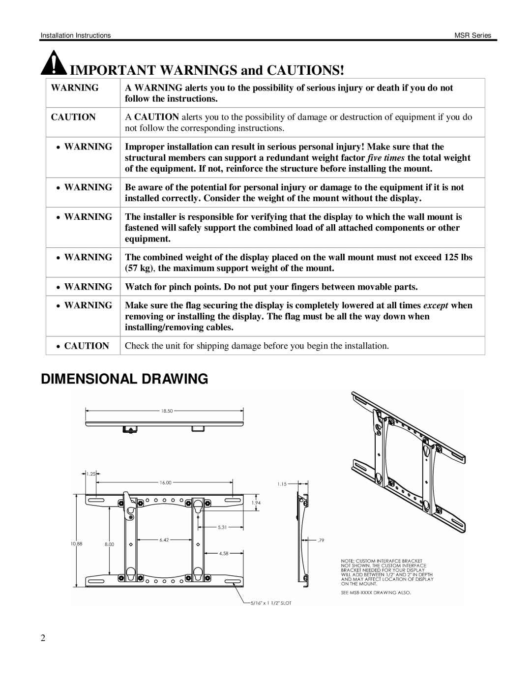 Chief Manufacturing MSR Series installation instructions Dimensional Drawing 