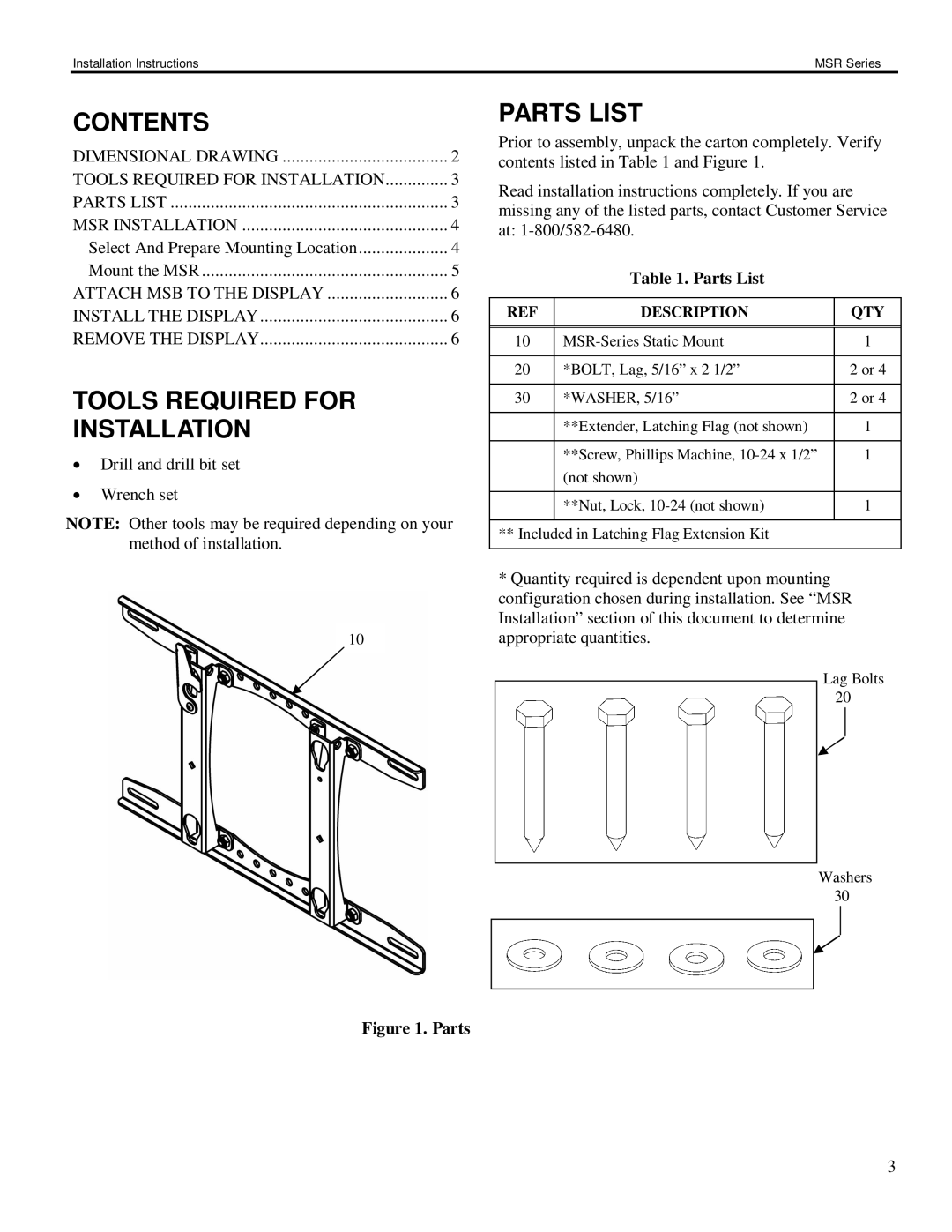 Chief Manufacturing MSR Series installation instructions Contents, Tools Required for Installation, Parts List 