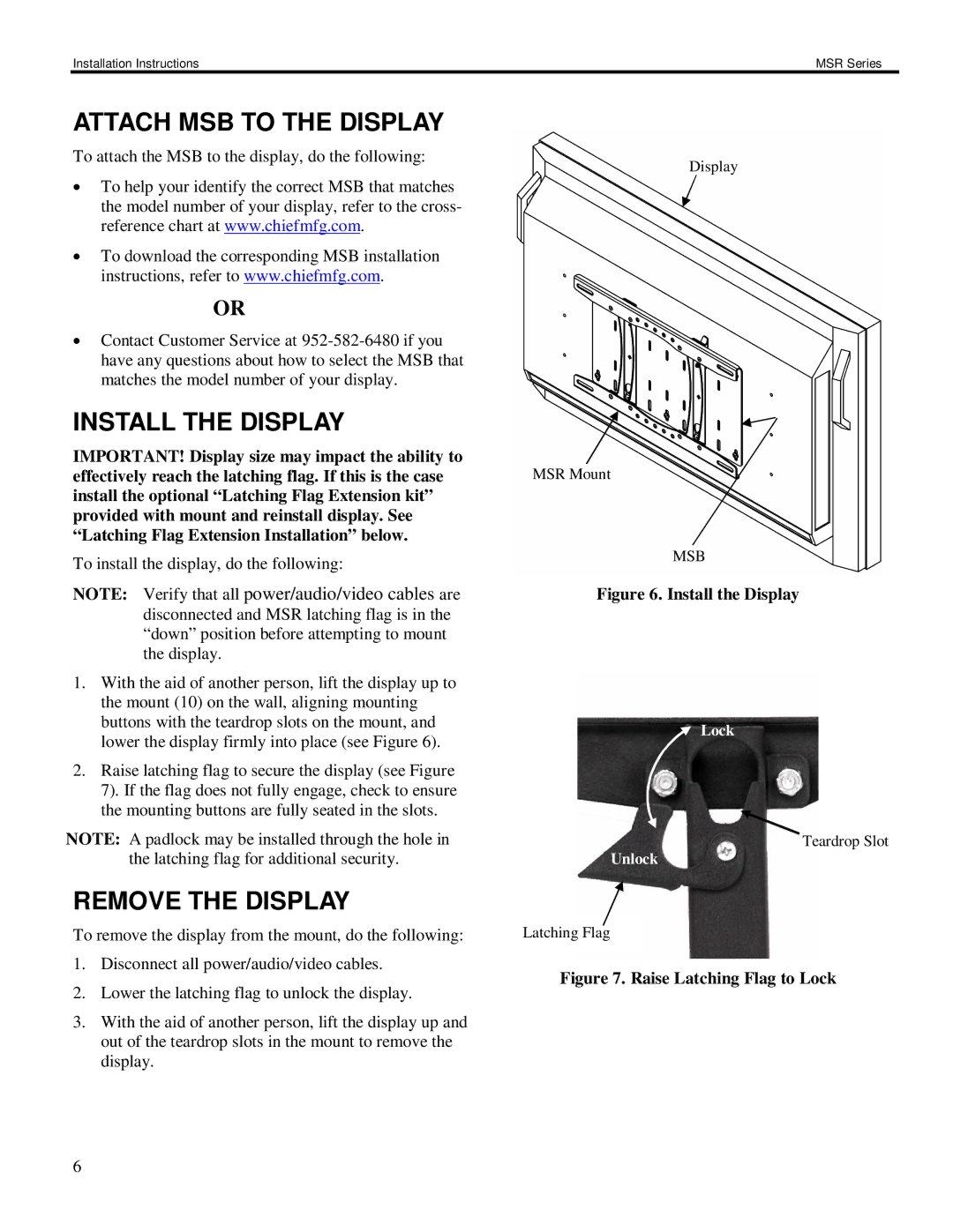 Chief Manufacturing MSR Series installation instructions Attach MSB to the Display, Install the Display, Remove the Display 